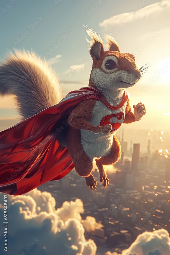 Poster superhero flying squirrel on pastel gradient background with ample space for text placement