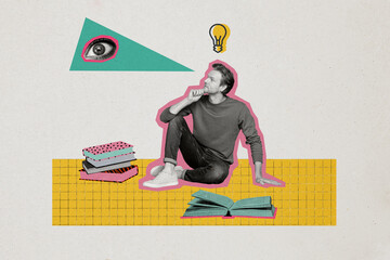 Composite photo collage of minded guy light bulb enlightenment look eye stack book do university...