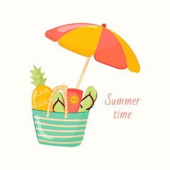 Hello summer. Women's beach bag with flip-flops, pineapple, sunscreen. Summer illustration with beach bag and umbrella