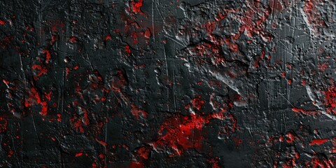 A striking crimson splatter on a dark textured surface