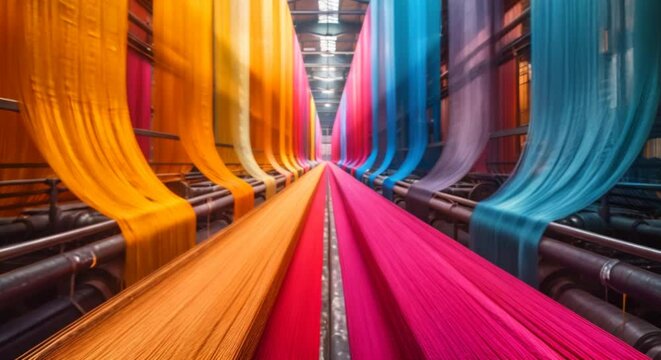 An impressionistic view inside a busy textile factory with colorful fabric streams