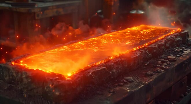 An impressionistic representation of a silversmith workshop with glowing molten silver