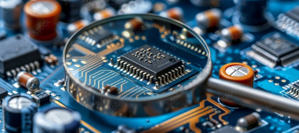 Poster close up of computer microchips under magnifying glass with room for text placement