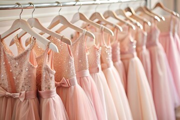Rent dresses for events. Close-up. Children's evening fluffy pale pink dresses hang on white hangers on a rod in the salon store.
