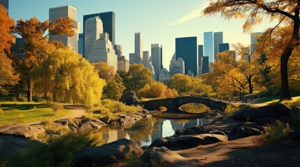 Obraz premium Central park autumn and buildings in midtown bridge and stream vintage design