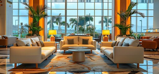 Transport yourself to a world of refined comfort with a photograph showcasing the stylish lobby interior of an upscale venue, complete with inviting soft seating and a chic coffee table, set against t