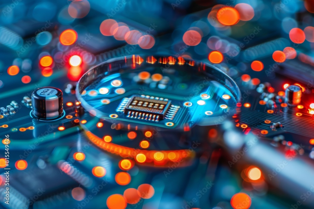 Poster close up of computer microchips under magnifying glass with space for text placement