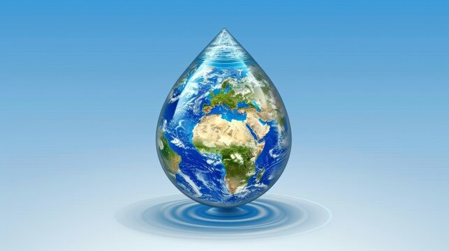 Planet earth shaped water droplet   concept for water conservation with space for text