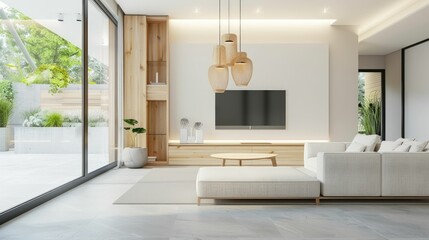 Bright modern living room opening to a garden
