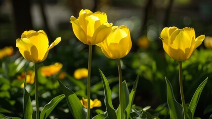 Fototapeta premium Three yellow tulips stand out in garden.