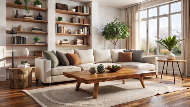 Boho interior design of modern living room, home. Close up of live edge coffee table near white sofa against white wall with book shelving unit.