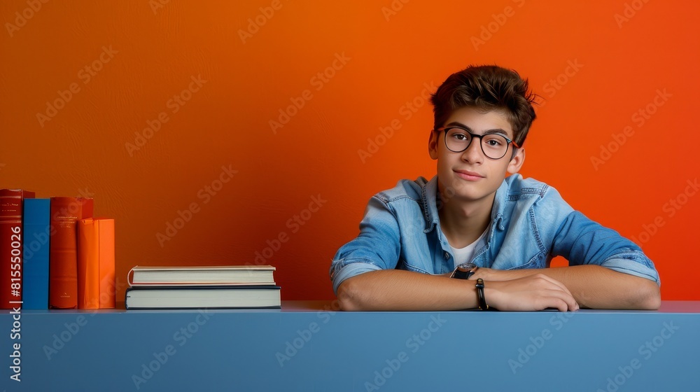 Poster smiling child next to books on gradient background with ample space for text placement
