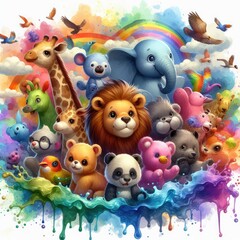 Naklejka premium Zoo Fun: Cartoon Animal Design with Watercolor Technique