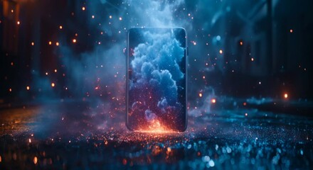 A surreal depiction of a smartphone where real stars fall into the screen as it receives reviews
