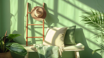 Pillow and blanket on bench in green apartment interior with plant pouf and hat on ladder Real photo : Generative AI
