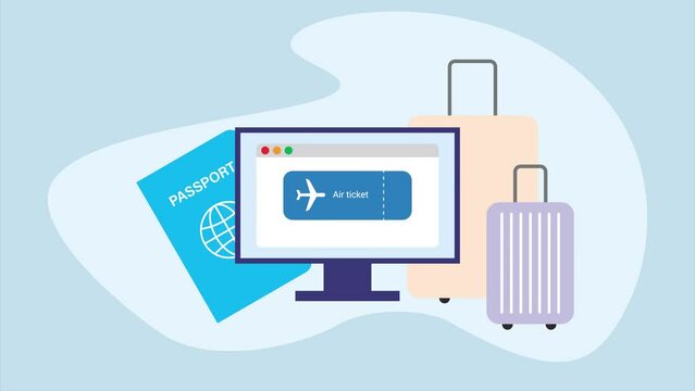 Air ticket booking animation concept with passport, computer, luggage in modern flat design. Blue background. Travel, tourism, advertising idea.