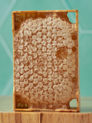 A close-up of a fresh honeycomb, showcasing its intricate hexagonal pattern and golden honey, set on a wooden surface with a blurred turquoise background