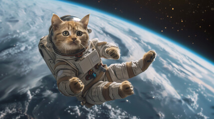 Cute cat in astronaut suit floats in space above the earth