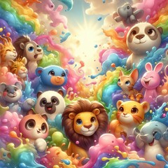 Naklejka premium Zoo Fun: Cartoon Animal Design with Watercolor Technique