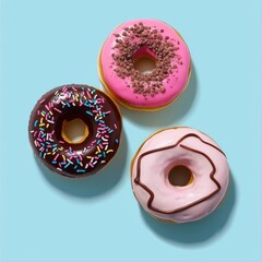 Three glazed donuts placed on a vibrant blue surface