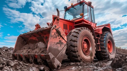 Coral Colored Wheel Loader Moving Earth, Showcasing Groundwork Preparation