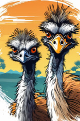 A whimsical Emu cartoon illustration, perfect for children's books, Outback cafes, or travel literature, adding a playful touch to any setting or postcard