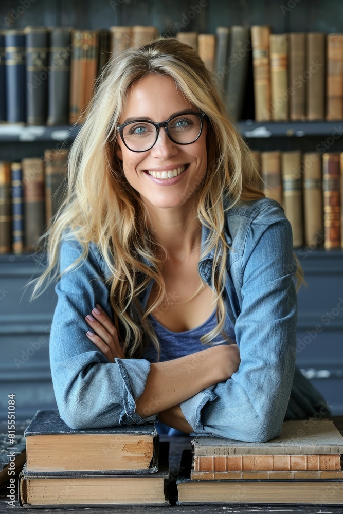 Aufkleber smiling girl near books on gradient backdrop with ample space for text placement