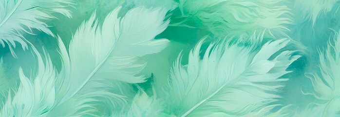 elegant feather shapes rendered in various shades of green and white. concepts: eco-friendliness, serenity, calming atmosphere, soft aesthetic. wallpaper design, website background, art decor