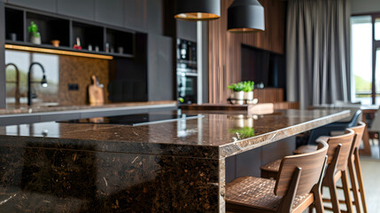 Modern interior of kitchen with kitchen island granite kitchen island wooden furnitureand stylish table and chairs Spacious and luxurious space in apartment : Generative AI