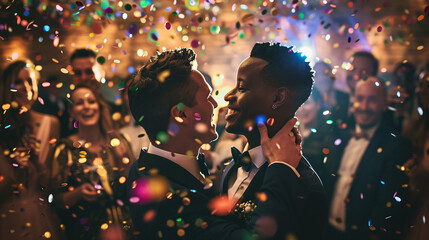 A happy LGBT couple sharing their first dance as newlyweds in a beautifully decorated reception hall, with guests cheering and celebrating around them