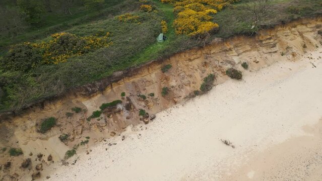 Vacant Kessingland Beach on a dry day in Suffolk, England. Aerial view.