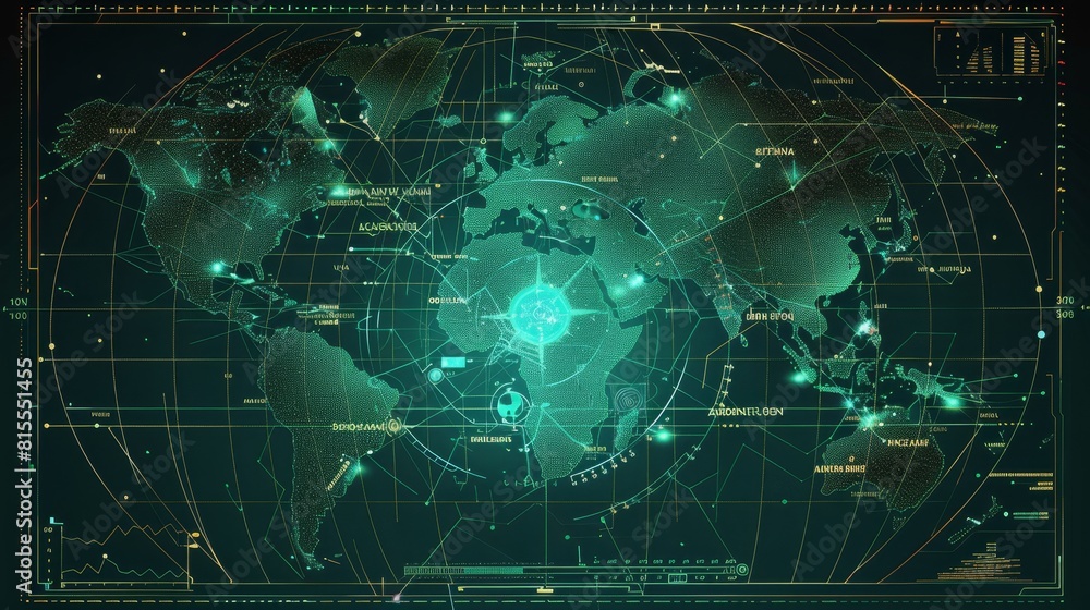 Poster world map of terrain with radar interface.