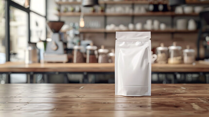 Bolsa de cafe en blanco encima de una mesa de madera en una cafeteria. Embalaje de diseño para alimentos o cafe.  © BONI