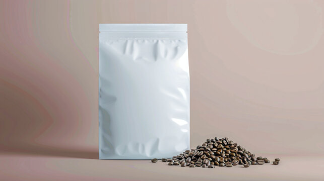 Paquete de cafe de pie en blanco sobre mesa con granos de cafe marrón tostados. Bolsa de cafe en blanco para marcas o publicidad.