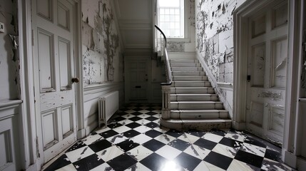 london home stairwell hallway, tiled floor