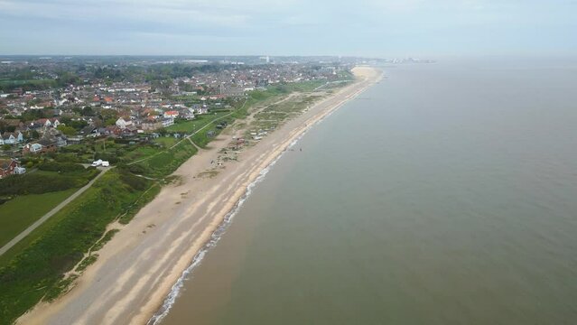 Pakefield Beach during daytime in Suffolk, England. Drone shot.