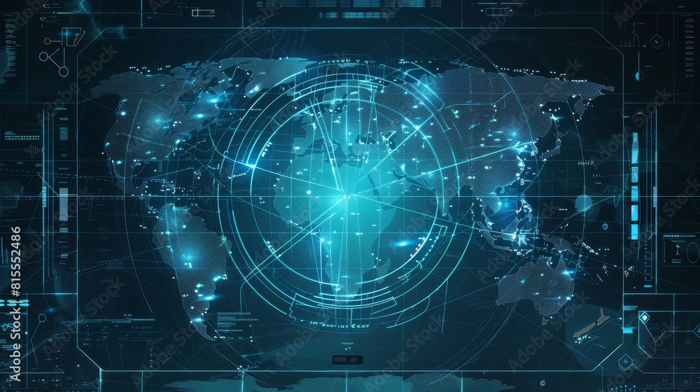 Poster world map of terrain with radar interface.