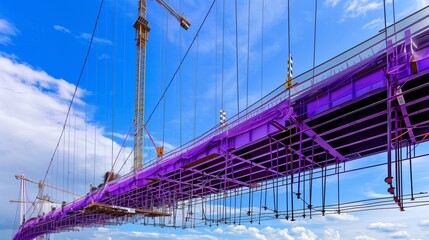 High Contrast Photo of a Deep Purple Cable Stay Bridge Under Construction, Capturing Structural Beauty