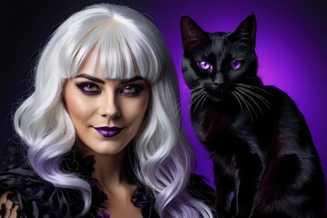 Halloween witch with black cat purple background, Photoshoot in studio, Female model