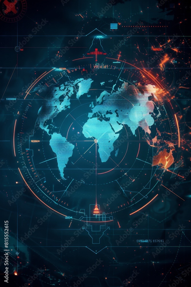 Poster world map of terrain with radar interface.
