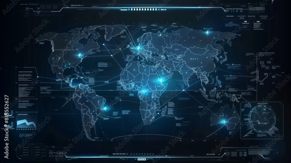 Poster world map of terrain with radar interface.