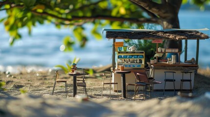 Coastal Dream: Miniature Beachfront Cafe with Tiny Barista AI Generated.