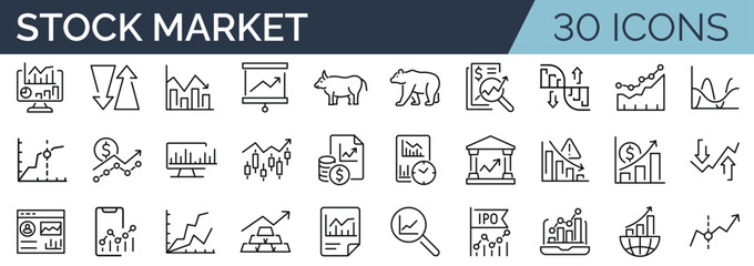 Set of 30 outline icons related to stock market. Linear icon collection. Editable stroke. Vector illustration