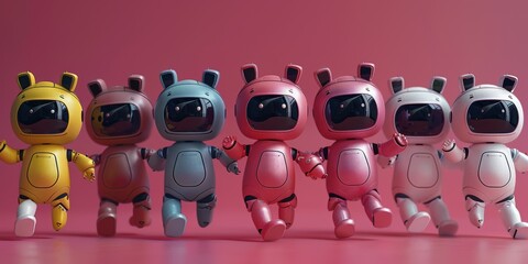 A cute robot personal trainer leading an aerobic dance class of adorable cartoon animals in a whimsical virtual gym