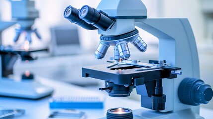 Sharp Image of a Pale Blue Electron Microscope in a High-Tech Laboratory, Highlighting Precision Instrumentation