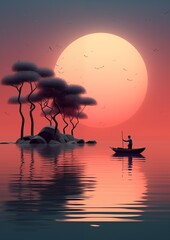 Japanese print of a fisherman at sunset