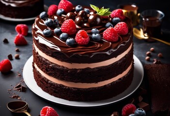 decadent chocolate cake ganache frosting displayed, layers, dessert, sweet, delicious, pastry, confection, cocoa, tasty, baked, homemade, culinary, gourmet,