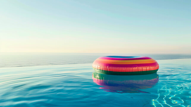 Flotador redondo de colores flotando en piscina infinita de agua color azul turquesa en un d&iacute;a de verano. Hinchable de colores sobre piscina.