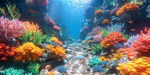 Naklejka premium An underwater virtual meditation retreat with serene digital coral reefs hosting calming underwater yoga sessions for marine wildlife