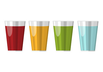 Set of faceted glass glasses with colored soda water . Flat vector icons of carbonated water isolated on white background